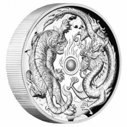 Фото Серебряная монета Австралии Мифы и легенды Китая Дракон и Тигр 2018 г, высокий рельеф, 62.2 гр. чистого серебра, проба 9999 (пруф)